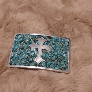 Nocona turquoise stones w silver cross belt buckle